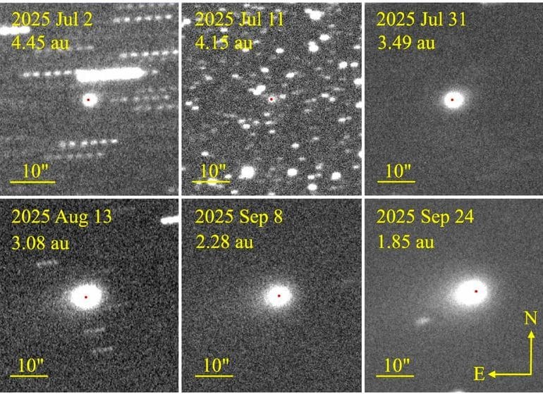 La evolución del brillo alrededor de 3I/ATLAS muestra una transición de una anticola hacia el Sol a favor del viento solar. (Jewitt y Luu 2025)